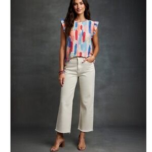 THML‎ Abstract Brushstroke Ruffle Collar Top Women's Medium Multi Color